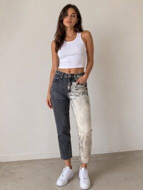 NEW PacSun Two-Tone High Rise Straight Leg Mom Jeans Denim Gray Blue Women 24